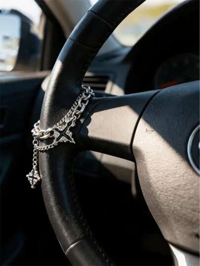 Black Cross Pendant & Silver Steering Wheel Chain Gothic Style Car Decor | Unique Gift For Men