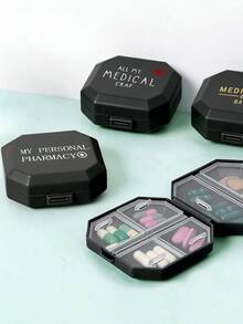1个便携式药盒，印有字母和医学图标，小巧的急救盒，6格胶囊收纳盒，旅行药盒 - 多色 - 查看 9