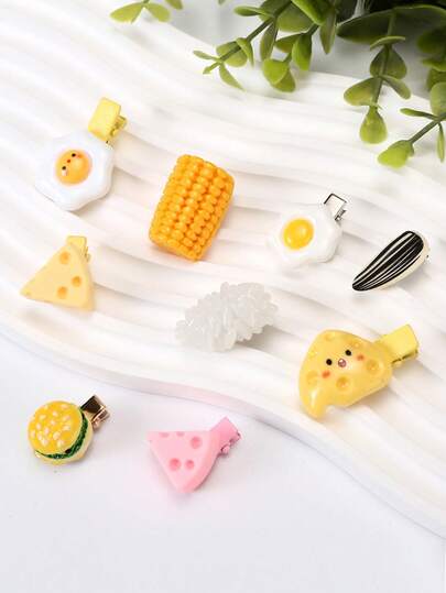 9件套创意美食造型卡通可爱发夹套装，包括芝士、汉堡、玉米、饭团、葵花籽等，可爱侧夹鳄鱼夹组合套装，适合校园日常拍照，发饰装饰道具