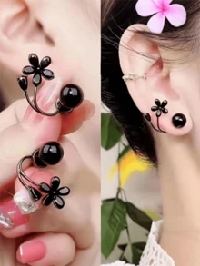 1 Pair Black Tulip Earrings, Minimalist Black Tulip Shaped U-Hoop Earrings,Beach,Wedding - Multicolor - View 5