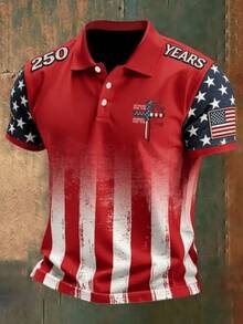 250Th Anniversary Theme Short Sleeve Polo Shirt, Red Gradient Cross American 250Th Anniversary Flag Polo Shirt, Men'S Vintage Collar Short Sleeve T-Shirt - 風格 - 查看 2