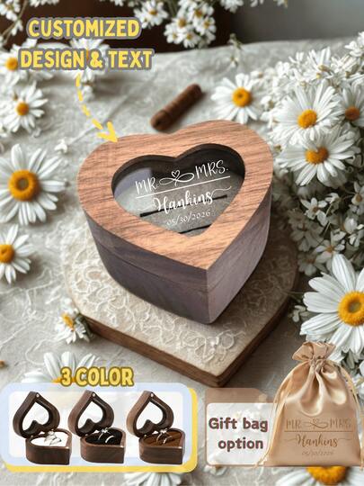 Caixa de anel de madeira personalizada para o Dia dos Namorados, com tampa de acrílico transparente. Pode ser usada como caixa de brincos, porta-anéis com dois compartimentos, forro de veludo, diversas cores, designs e estilos disponíveis. Caixa de anel de noivado personalizada, presente elegante para noivas, perfeita para guardar e exibir joias. Ideal para pedidos de casamento, noivados, casamentos, aniversários, Dia dos Namorados, Dia das Mães e para simbolizar o amor eterno.