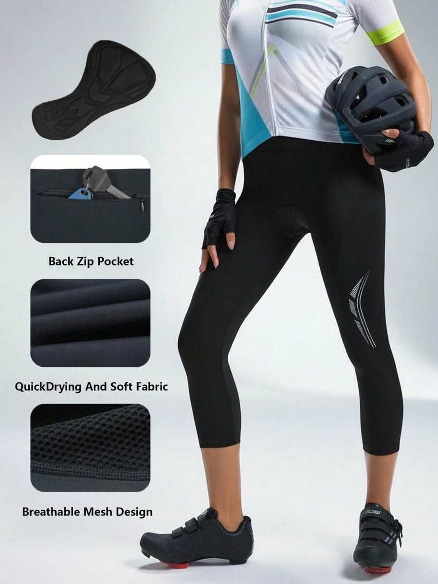 Women's High Waist 4D Padded Cycling Shorts, 3/4 Length Tight Fit Running Shorts With Zipper Pockets Black Summer Sports - Black - View 1