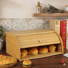 Wooden Bamboo Roll-Top Bread Bin Loaf Box Large Capacity Bread Storage For Kitchen 40*27*16.5cm - View 4