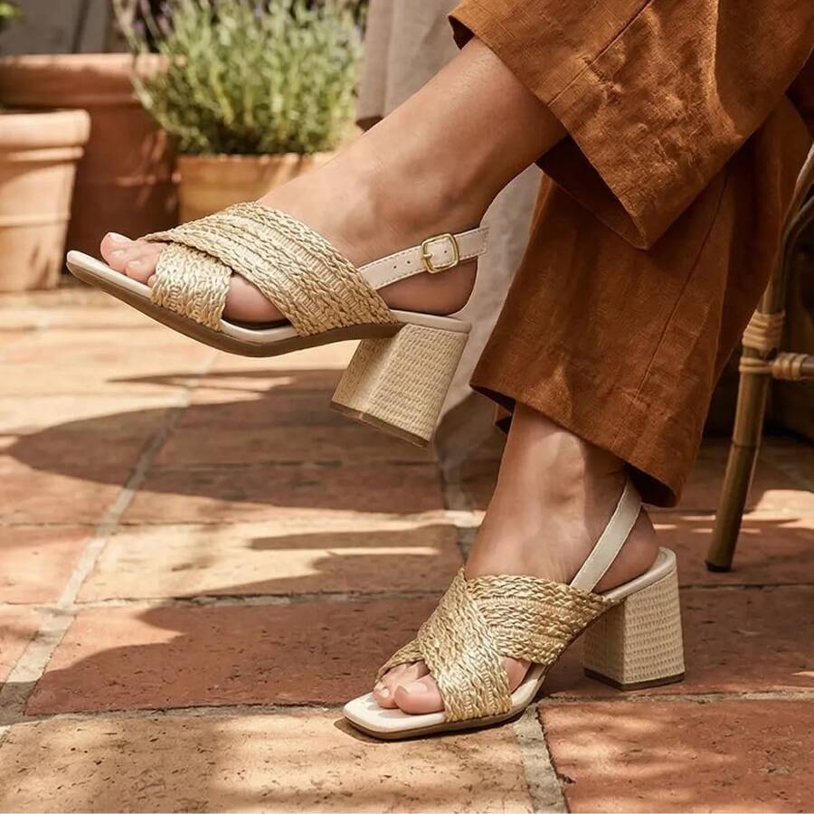 LAZZLU SHOES Women's Sandal With Thick Medium Block Heel And Comfortable Raffia - Màu be - Xem 1