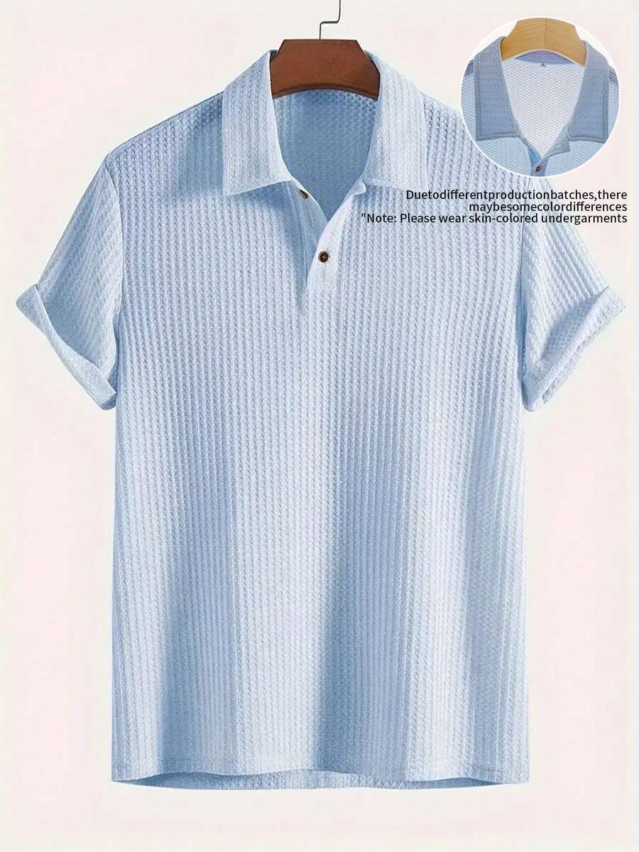 Men's Solid Color Semi-Transparent Golf Shirt, Waffle Thin Casual Short Sleeve Elastic Polo Shirt, Suitable For Leisure Outdoor Activities, Spring/Summer - Dusty Blue - View 1