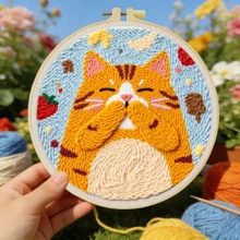 Kit de bordado de aguja de perforación DIY, adecuado para principiantes, incluye aguja de perforación, hilo, instrucciones, aro de bordado y tela preimpresa con patrones de gato, panda y perro, conjunto de manualidades creativas para decoración de pared del hogar y regalos, kit de bordado de aguja de perforación plana 2D/kit de inicio/kit divertido, 20X20cm (7.87X7.87 pulgadas) - 20 x 20 cm - Ver 14