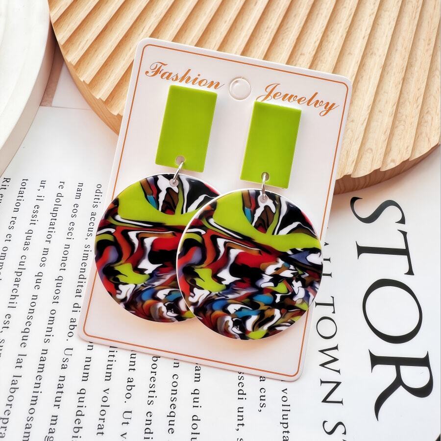 1 par de pendientes con colgante de arte abstracto acrílico con textura degradada, de color verde fluorescente de alta saturación, con estilo retro y personalizado, de moda Y2K, accesorio de joyería versátil para mujeres en todas las estaciones - pendientes - Ver 1