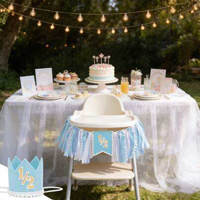 2pcs Blue & Rose Gold 6 Months Birthday Decoration Set - 6 Months Crown, Banner, Hat, Cake Toppers And Photo Props