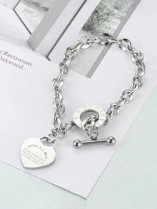 1 Stück Damen Edelstahl Herz gravierte Titan Kette Armband, mit T-Verschluss, geeignet für den täglichen Gebrauch und als Geschenk für Dates - Armband - Übersicht 4