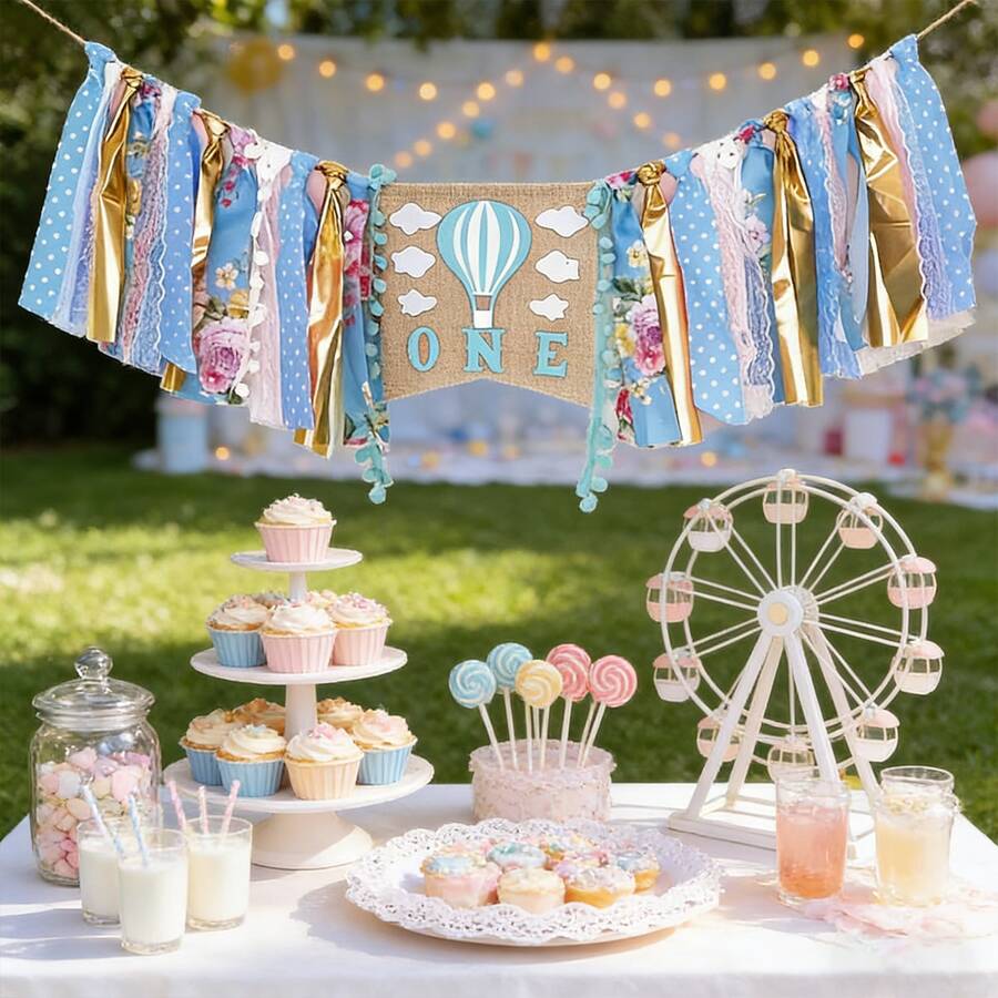 一套粉色和蓝色热气球云朵流苏花环，适合一周岁生日派对 - 查看 1