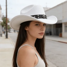 Retro Cowgirl Hat For Women Men Solid Color Wide Brim Western Cap With Rivet Cross Leather Belt - White - View 6
