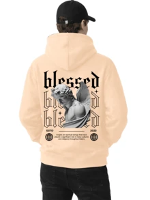 Men's Fleece Hoodie, Street Style,  Print, Statue Writing, Streetwear, Long Sleeve Hooded Sweatshirt, Unisex Jacket With Pocket. - 米色 - 查看 1