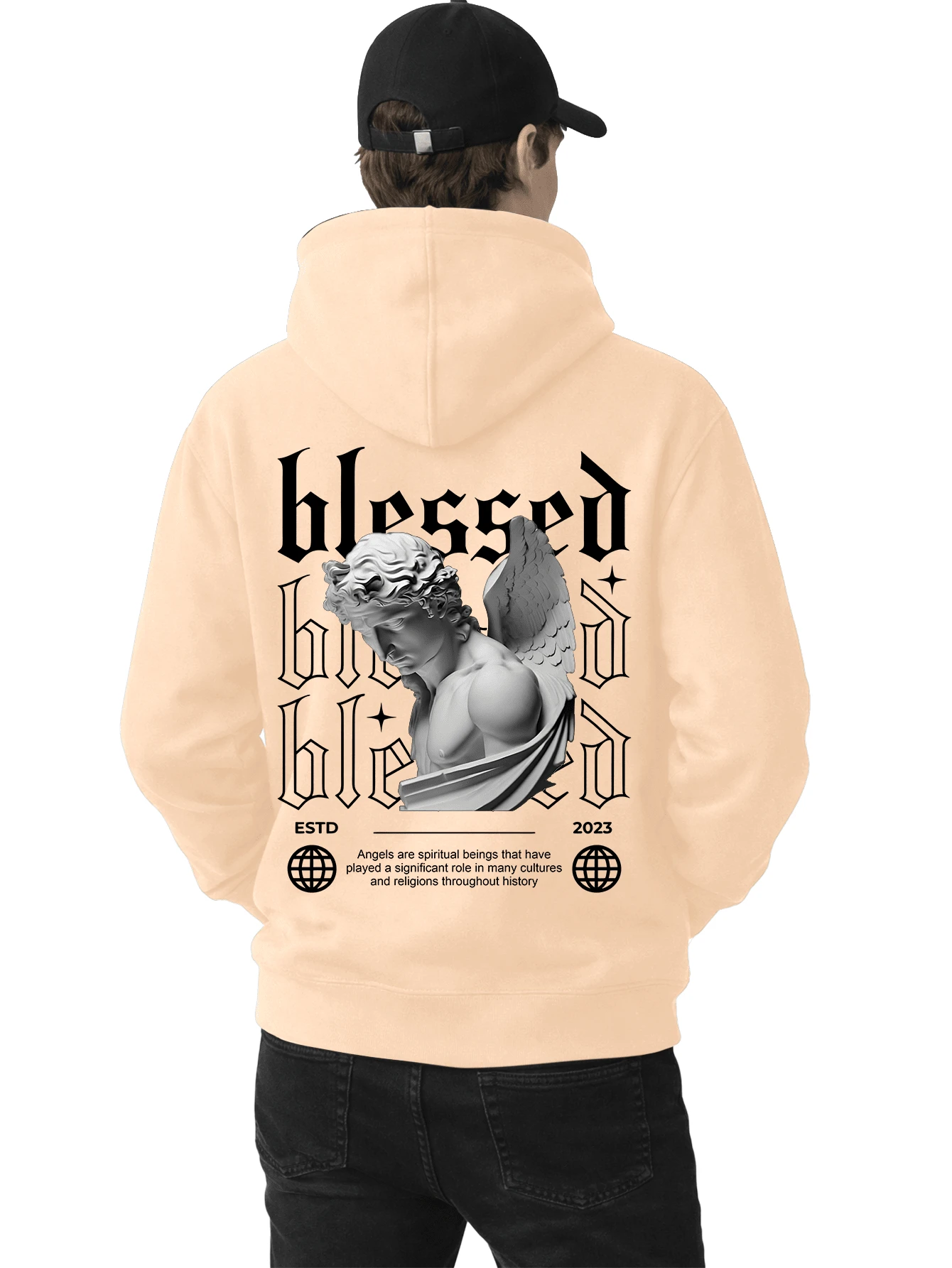 Men's Fleece Hoodie, Street Style, Print, Statue Writing, Streetwear, Long Sleeve Hooded Sweatshirt, Unisex Jacket With Pocket. - 米色 - 查看 1