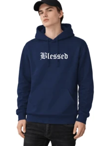 Men's Fleece Hoodie, Street Style,  Print, Statue Writing, Streetwear, Long Sleeve Hooded Sweatshirt, Unisex Jacket With Pocket. - 藏蓝色 - 查看 5