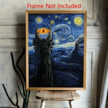 1幅《索伦之眼》星夜帆布墙画，梵高风格戏仿作品，以魔多火山和索伦之眼为设计元素，竖版，防水帆布材质，可直接悬挂，适用于家居装饰、房间装饰、卧室装饰、客厅装饰、浴室装饰、墙面装饰，可选配画框。 - A - 查看 5