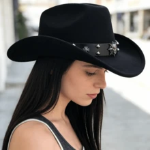Retro Cowgirl Hat For Women Men Solid Color Wide Brim Western Cap With Rivet Cross Leather Belt - Black - View 5