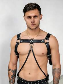 Dây đeo vai bằng da PU phong cách punk thời trang dành cho nam, có thể điều chỉnh độ dài, phù hợp để đeo hàng ngày, có thể phối với áo sơ mi và trang phục da avant-garde để hóa trang. - màu đen - Xem 2