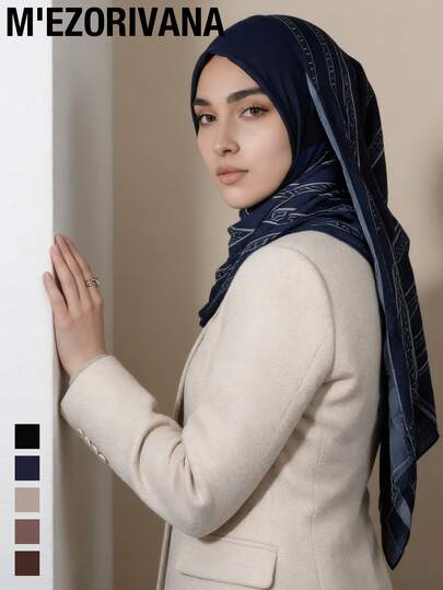 Geometric Pattern Satin Printed Headscarf, Elegant Versatile Women Hijab, Available In Multiple Colors,Beach,Holiday