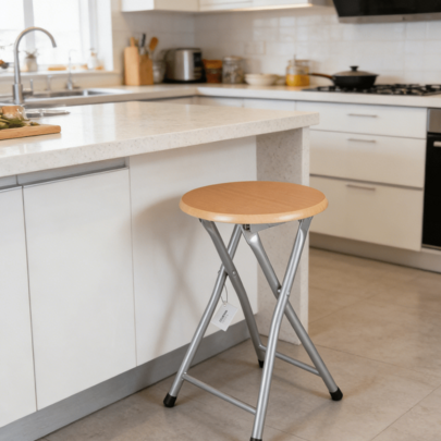 Wood and Metal Folding Stool - Backless, Easy To Store and Transport, Sturdy Construction - Ideal for Use In The Kitchen, Patio, or Garden. (43 X 30 X 30 CM)