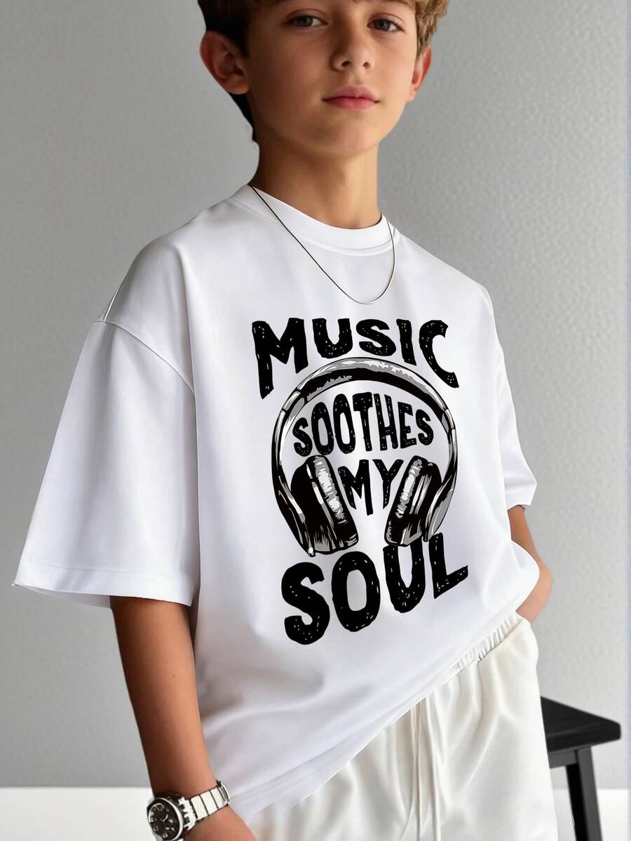 青少年男孩極簡休閒音樂風格藝術家耳機印花圓領短袖套頭上衣夏季新品 - 白色 - 查看 1