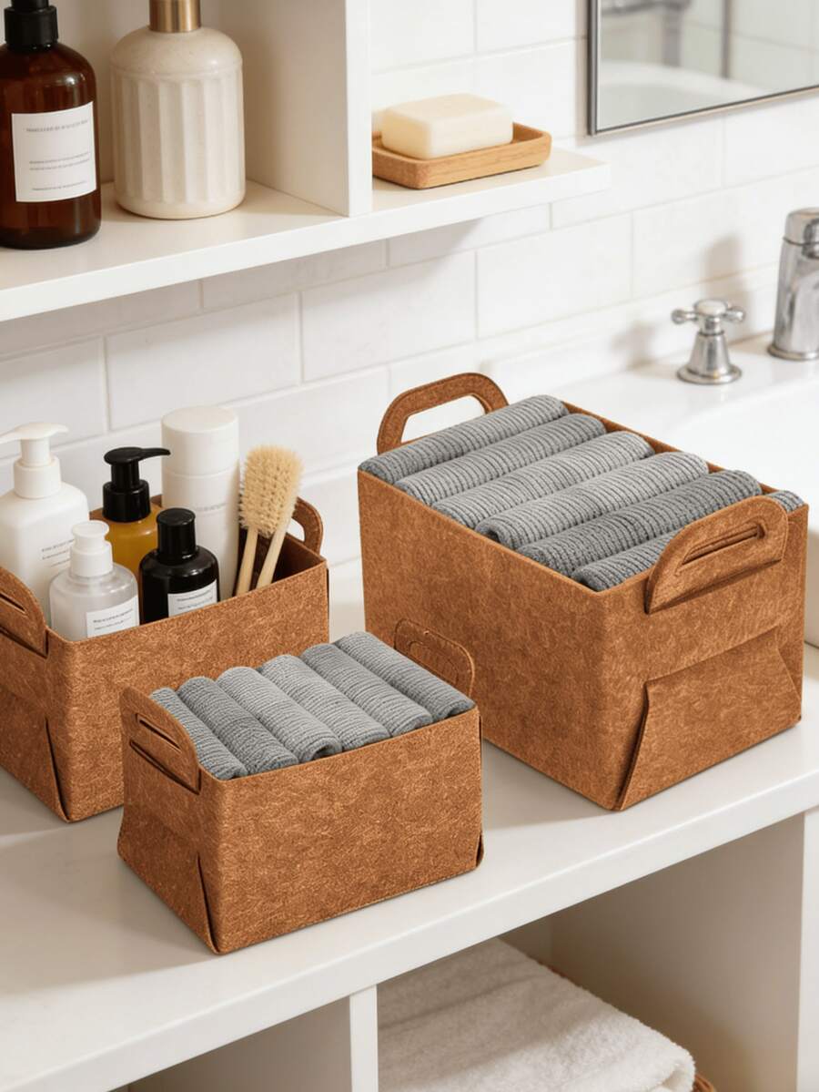 Storage Basket Felt Storage Bin, Foldable Felt Storage Basket, Large Storage Basket, Sundries Storage Basket, Office Item Storage Basket, Collapsible& Convenient Box Organizer With Carry Handles For Office Bedroom Closet Toys Laundry - 棕色 - 查看 1