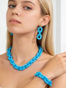 一套4件时尚创意蓝色亚克力链吊坠项链、手链、耳环首饰套装，百搭女士饰品 - 藍色 - 查看 1