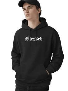 Men's Fleece Hoodie, Street Style,  Print, Statue Writing, Streetwear, Long Sleeve Hooded Sweatshirt, Unisex Jacket With Pocket. - 黑色 - 查看 2