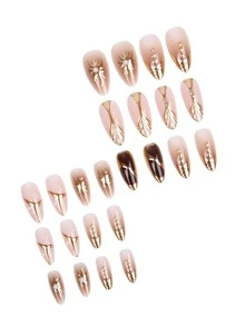 24pcs Almond-Shaped Ombre Brown Medium Length False Nails Set, Decorated With Gold Foil Sunshine And Asymmetrical Line Designs, Accented With Elegant Pearls And Rhinestones - Gold - View 4