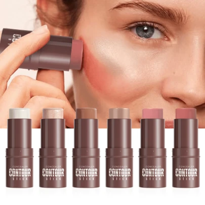 HelloKiss Barra de contorno, rubor y iluminador de múltiples tonos, maquillaje facial en crema, resistente al agua, de larga duración, sin grasa, suave y fácil de mezclar, para esculpir, definir y dar brillo, para uso diario de mujeres