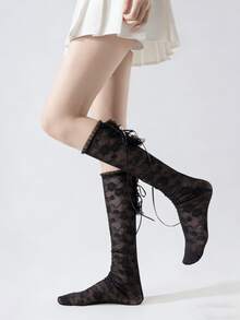1双黑白新款甜美蕾丝花卉镂空珍珠蝴蝶结过膝袜，春夏款 - 彩色 - 查看 4