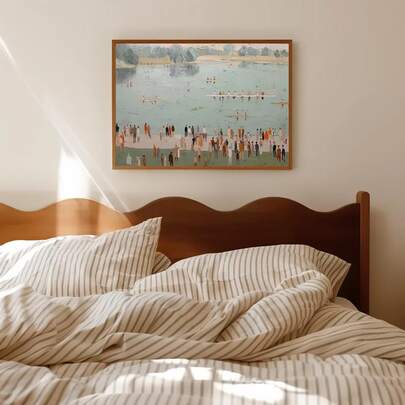 Juego de 1 obra de arte de pared costera - Pintura de escena de remo impresionista | Obra de arte de multitud en el lago | Decoración deportiva moderna neutra para sala de estar, casa de lago, hogar costero, sin marco/con marco