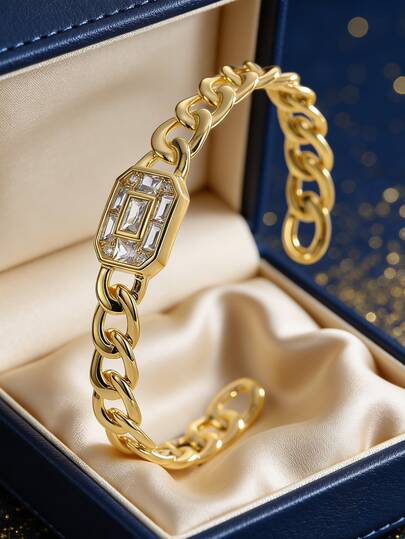 Women's Gold-Plated Open Bangle Bracelet, Featuring Rectangular And Round Zirconia Stones, Minimalist Elegant Style, Suitable For Daily Commute And Work Outfits, An Ideal Gift For Fashion Enthusiasts