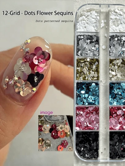 12格/盒 彩色迷你花朵美甲配件 波浪点缀亮片闪亮美甲饰品 DIY简约亮片美甲装饰