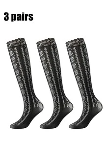 1/2/3 Paar Damen Spitzenbesatz Netzstrümpfe bis zur Mitte des Wades, Retro Muster Netzstrümpfe bis zur Mitte des Wades, sexy Y2K Streetwear, passend zu Jeansröcken/-shorts, Plateauschuhen - Schwarz - Übersicht 15