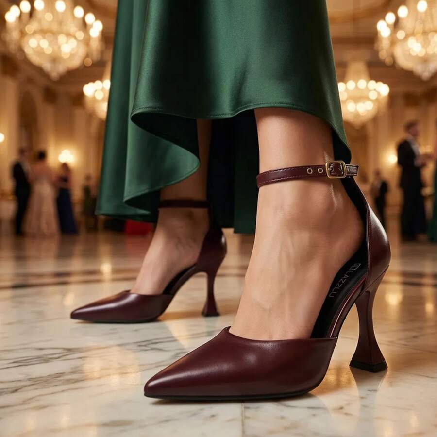 LAZZLU SHOES Women's Pointed Toe Stiletto Heel Pump Slingback Simple Elegant Party - 紅木色 - 查看 1