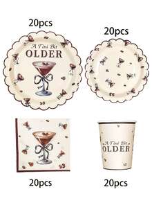 10件/20件/50件/80件 Espresso Martini 主題派對餐具套裝，A Tini Bit Older 主題 7/9英吋紙盤、紙巾、紙杯，復古奶油色波浪邊，咖啡豆與馬丁尼酒杯圖案，適用生日、雞尾酒、單身派對 - 多色 - 查看 11