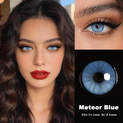  Lalens 1 Caja/2 piezas Lentes de contacto desechables de color azul meteoro de color natural, diseño de pupila pequeña, adecuado para maquillaje diario y belleza ocular, adecuado para ojos claros y oscuros. Diámetro 14.20mm, Curva base 8.6mm, Agranda los ojos, Color vibrante, Crea un efecto de lente natural, Para mujeres y niñas