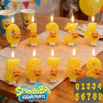  Velas de cumpleaños bordadas con números del 0 al 9 de SpongeBob SquarePants brillantes DIY - Hechas de cera de color dorado, velas numeradas de lujo con ambiente festivo, con el adorable diseño de SpongeBob SquarePants, adecuadas para celebraciones, fiestas, cupcakes y decoraciones de pasteles (Imagen del producto solo como referencia, el artículo real puede variar)