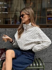 GDDYIN Women's Spring New Drawstring Zipper Polka Dot Stand Collar Casual Jacket White - White - View 4