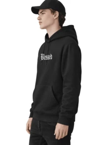 Men's Fleece Hoodie, Street Style,  Print, Statue Writing, Streetwear, Long Sleeve Hooded Sweatshirt, Unisex Jacket With Pocket. - 黑色 - 查看 5