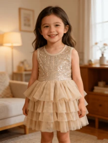 Đầm dự tiệc cổ tròn đính sequin và lưới cho bé gái - Rượu sâm banh - Xem 4