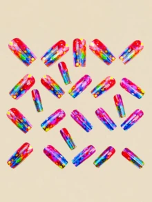 24 piezas de puntas de uñas cuadradas largas con gemas de colores del arcoíris, suministros de arte de uñas de primavera, estilo Y2K - Multicolor - Ver 3