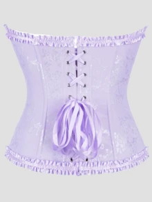 Delicate Princess Style Jacquard Ruffle Trim Bandeau Crop Top, Heart Neck Front Button Shapewear, Suitable For Wedding, Party, Date, Vacation - Purple - View 5