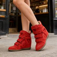 Women's 7cm High Top Hidden Wedge Sneakers. Suede Upper With Triple Straps, Retro Style, Comfy For Campus, Casual & Dressy Wear. - 紅色 - 查看 6