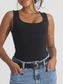 Kit 3 Women's Bodysuit Square Neckline Wide Strap Plain Suplex Tank Top Casual - 裸色/白色/黑色 - 查看 6