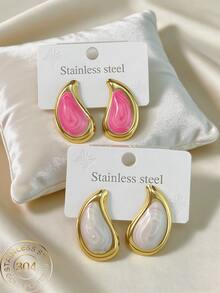 Women's Large Teardrop Earrings With Faux Pearl Inlay - Modern Elegant Statement Jewelry - Gold - View 1