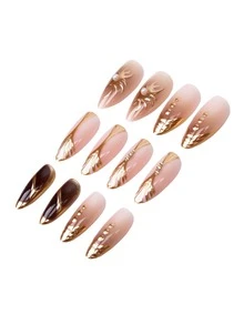 24pcs Almond-Shaped Ombre Brown Medium Length False Nails Set, Decorated With Gold Foil Sunshine And Asymmetrical Line Designs, Accented With Elegant Pearls And Rhinestones - Gold - View 6
