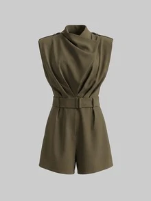 Bộ jumpsuit công sở thanh lịch dành cho nữ, có ve áo, thiết kế dây đeo vai, không tay, eo thắt, màu kaki, phù hợp cho trang phục công sở, mùa xuân/hè. - xanh quân đội - Xem 2