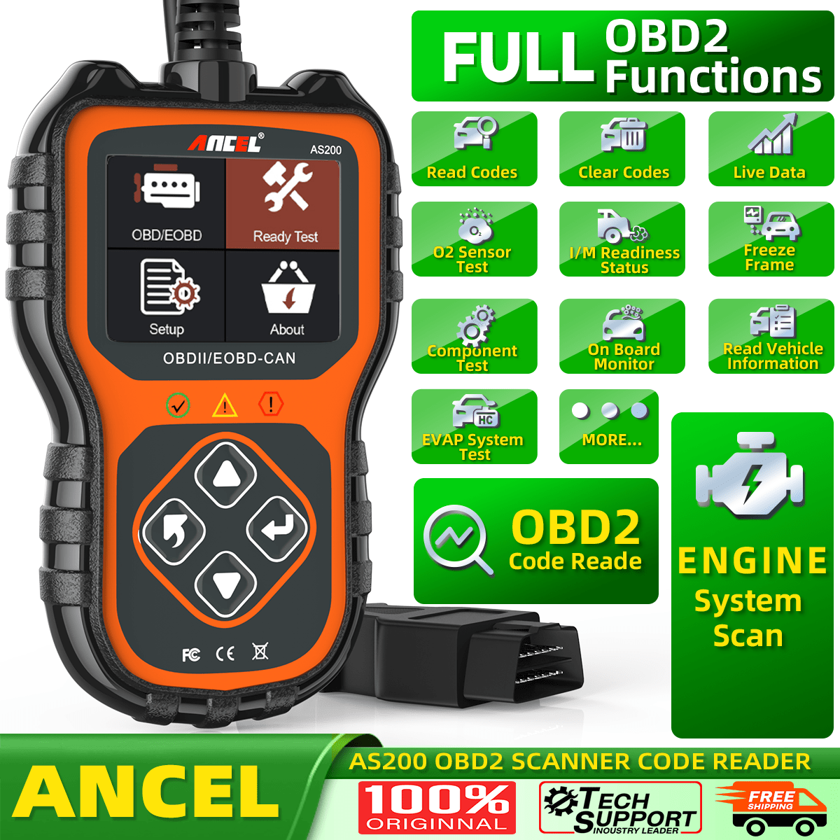 Ncel AS200 OBD2 扫描仪汽车故障码读取器发动机分析仪 EOBD OBD2 汽车诊断工具 OBD 2 汽车扫描工具 OBDII 故障码扫描仪读取清除故障码关闭 MIL 适用于 12V 16 针汽车